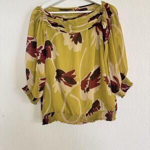 VERTIGO Paris Floral Blouse Sz XS  Women's Boho Chic Green Brown Nude
